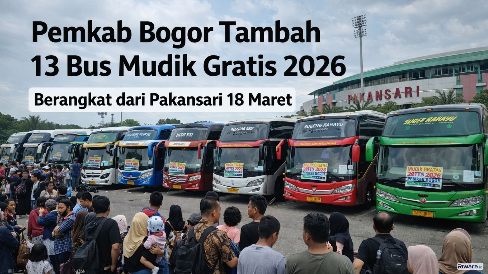 Sejumlah bus disiapkan untuk program mudik gratis yang diselenggarakan Pemerintah Kabupaten Bogor di kawasan Stadion Pakansari, Cibinong. Pemerintah daerah menambah 13 armada bus setelah pendaftar program mudik gratis 2026 membludak.